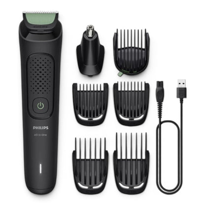 Taghareed Philips Multigroom Series 3000 MG3930/15 all-in-one trimmer with 7 attachments, including beard combs, nose trimmer, and USB charging cable.