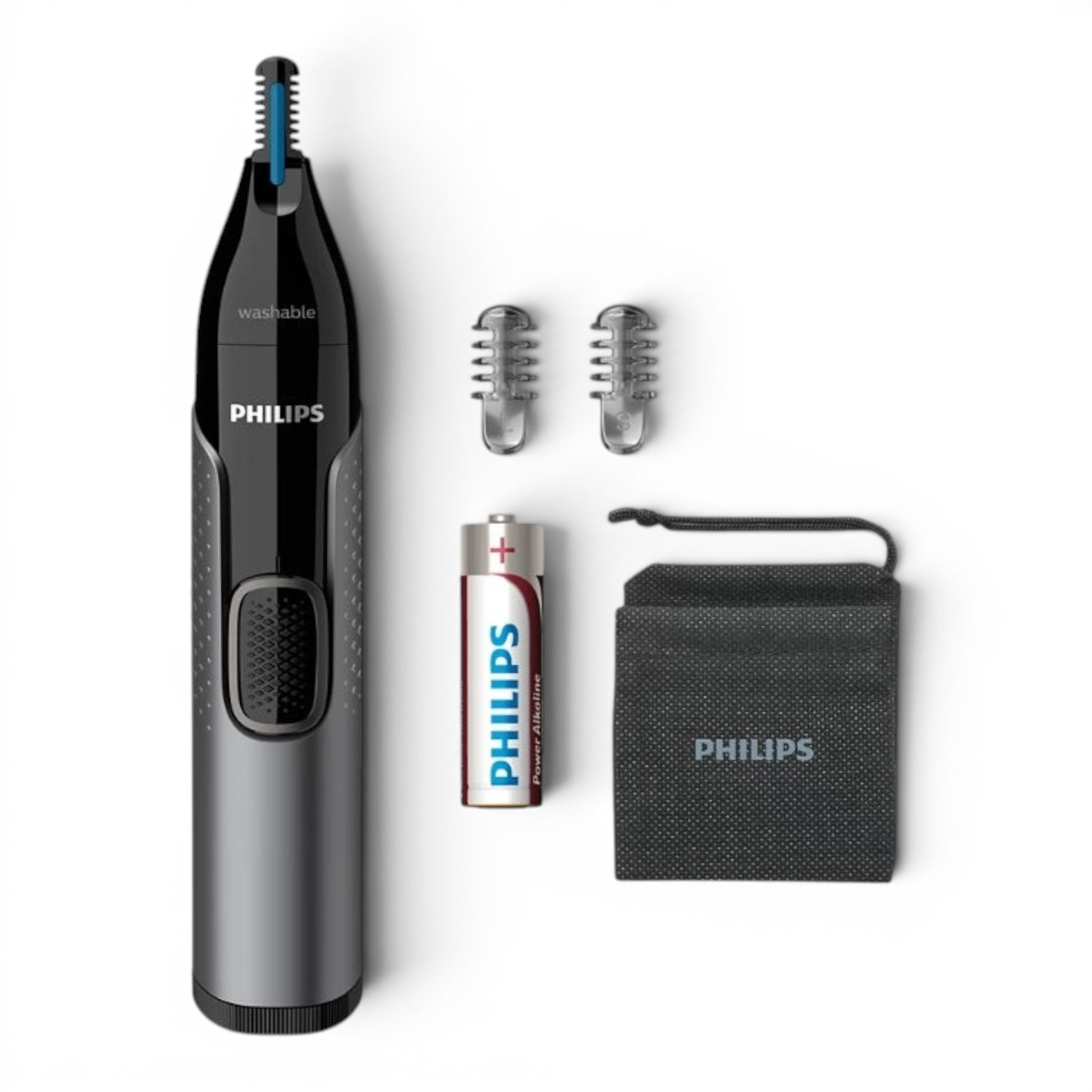Taghareed Philips Nose Trimmer Series 3000 NT3650/16, black and silver, with PrecisionTrim technology and Protective Guard. Includes AA battery, two eyebrow combs, and storage pouch.