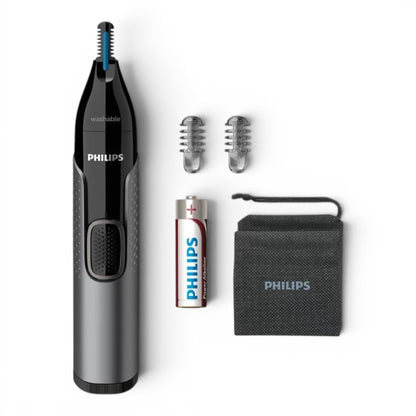 Taghareed Philips Nose Trimmer Series 3000 NT3650/16, black and silver, with PrecisionTrim technology and Protective Guard. Includes AA battery, two eyebrow combs, and storage pouch.