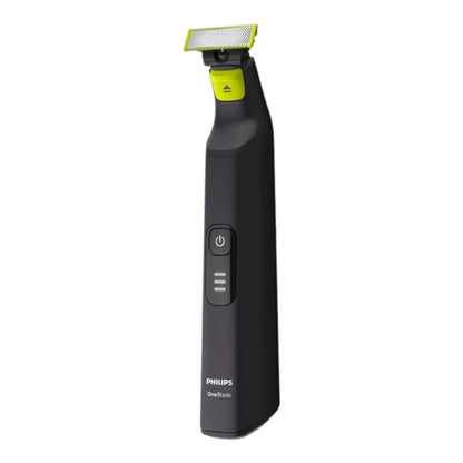 Taghareed Philips OneBlade Pro QP6530/23 electric trimmer with black body and yellow accents, features LED battery indicator.