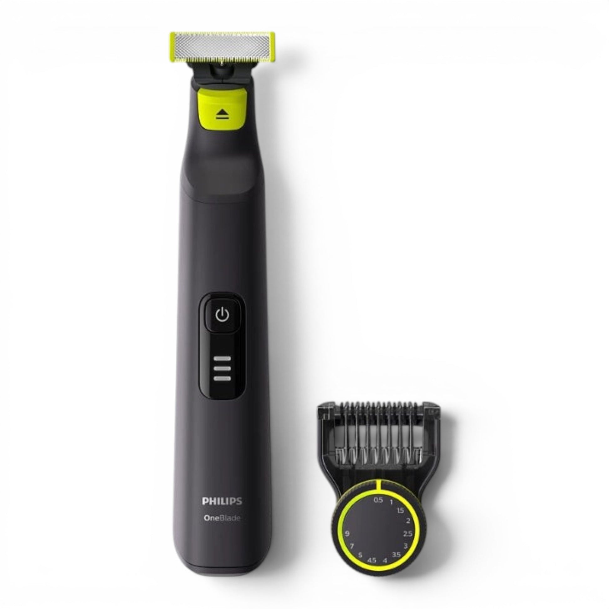 Taghareed Philips OneBlade Pro QP6530/23 electric trimmer with adjustable comb attachment. Black and neon yellow.