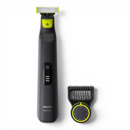 Taghareed Philips OneBlade Pro QP6530/23 electric trimmer with adjustable comb attachment. Black and neon yellow.