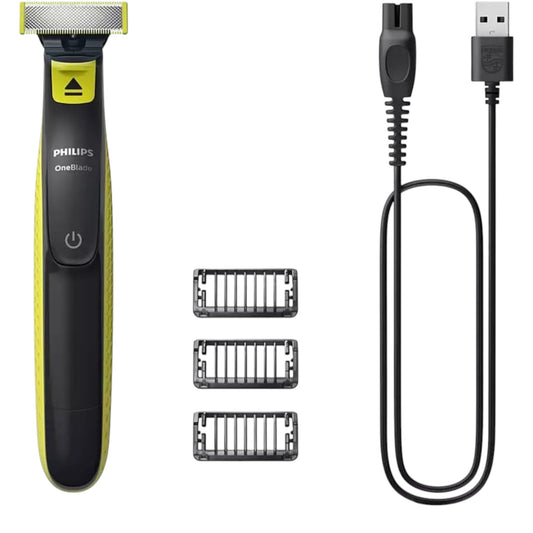 Taghareed Philips OneBlade QP2724/10 electric trimmer with 3 combs and USB charging cable. Black and yellow.