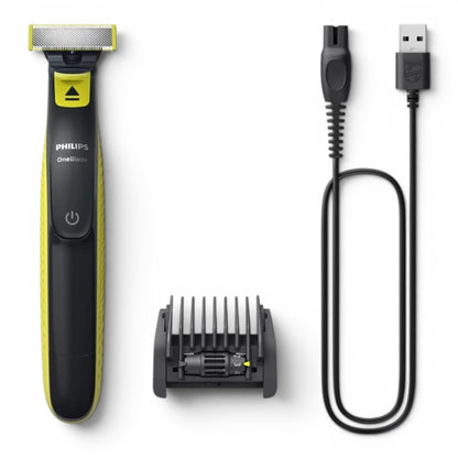 Taghareed Philips OneBlade QP2724/20 electric trimmer with yellow accents, USB charging cable, and 5-in-1 comb attachment.