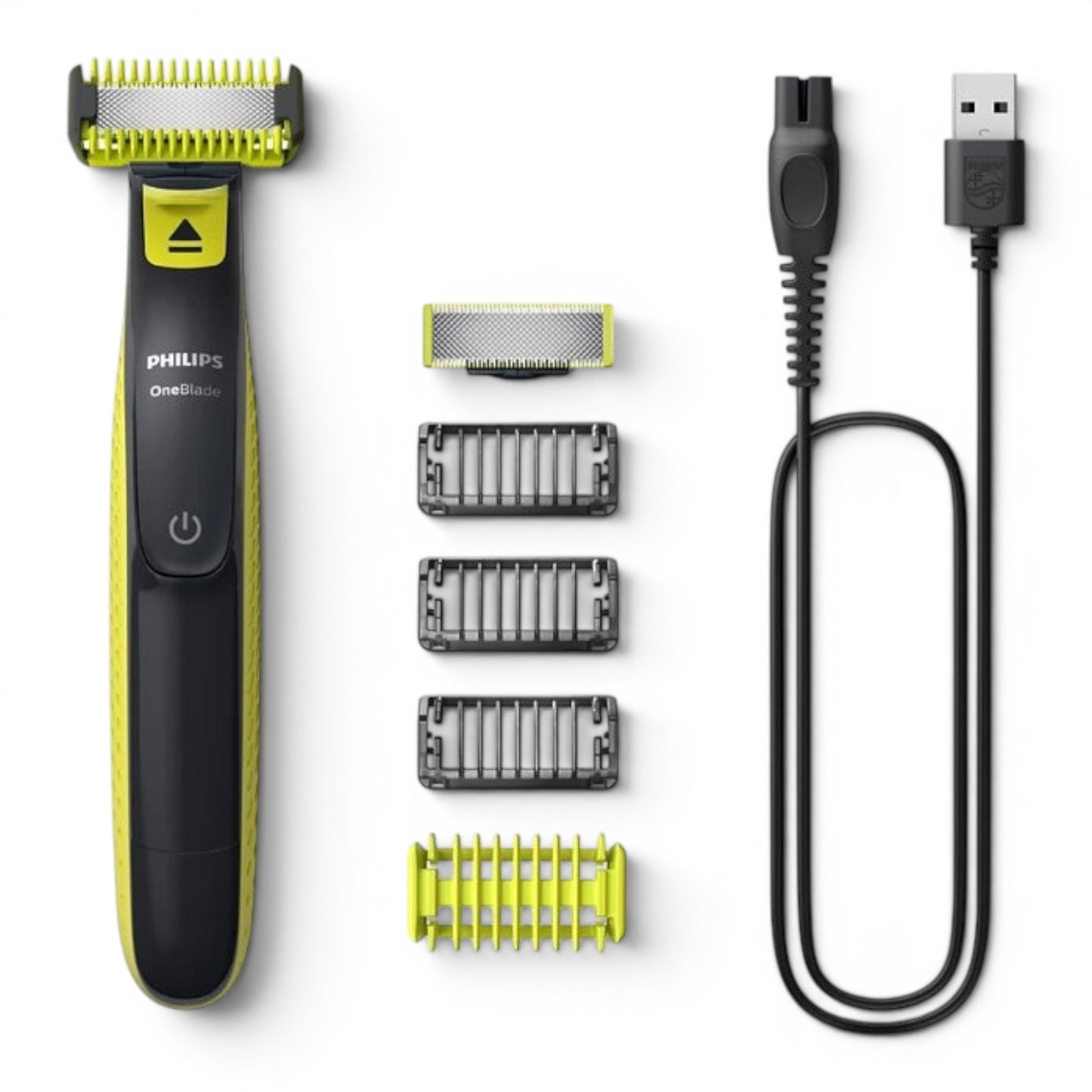 Taghareed Philips OneBlade QP2824/10 electric trimmer with 3 combs, body comb, sensitive guard, and USB charging cable.
