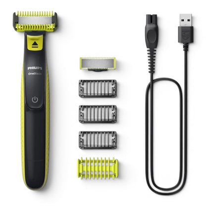Taghareed Philips OneBlade QP2824/10 electric trimmer with 3 combs, body comb, sensitive guard, and USB charging cable.