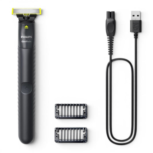 Taghareed Philips OneBlade QP1424/10 electric shaver with USB charging cable and two comb attachments.