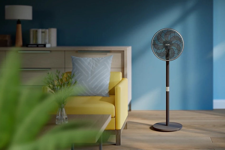 Taghareed Philips Pedestal Fan 3000 Series CX3550/01, black, with 3 speeds and 2 modes, Wi-Fi enabled.