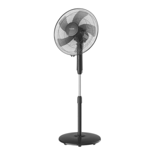 Taghareed Philips Series 600 pedestal fan with 3 speeds, oscillation, and adjustable height in black.