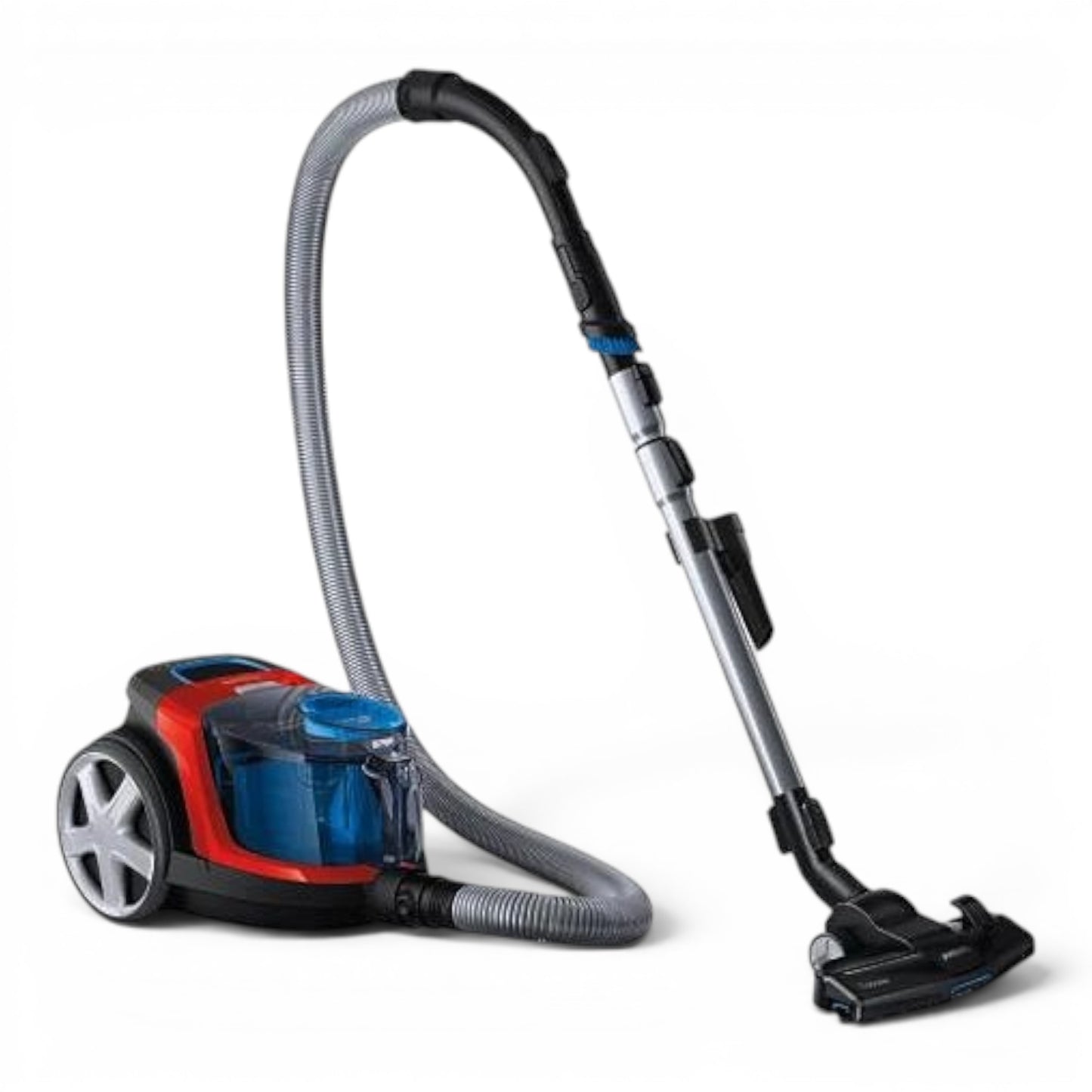 Taghareed Philips PowerPro Compact bagless vacuum cleaner in red and black with a transparent dustbin and HEPA filter.
