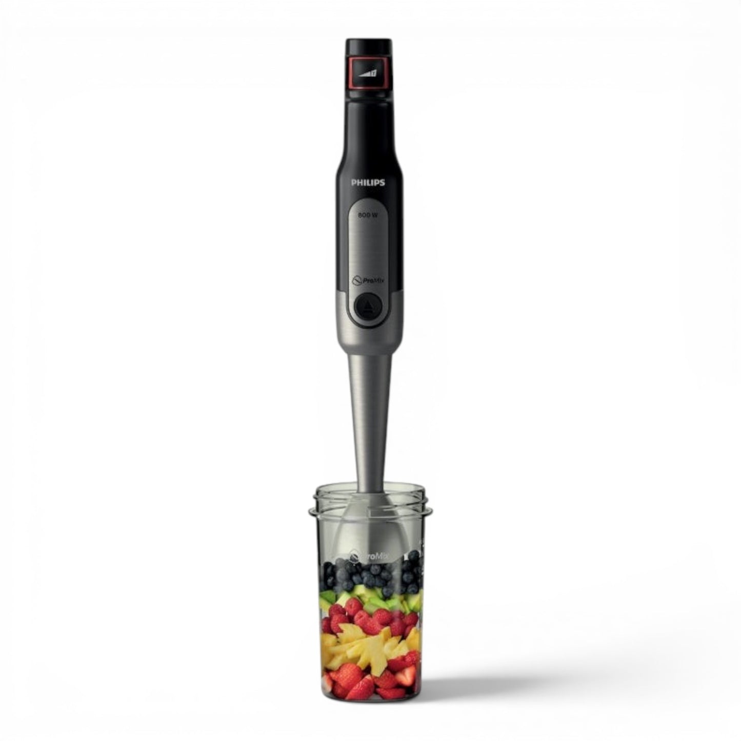 Taghareed Philips Viva Collection ProMix hand blender with 800W motor, SpeedTouch control, and anti-splash guard, shown with fruit in a beaker.