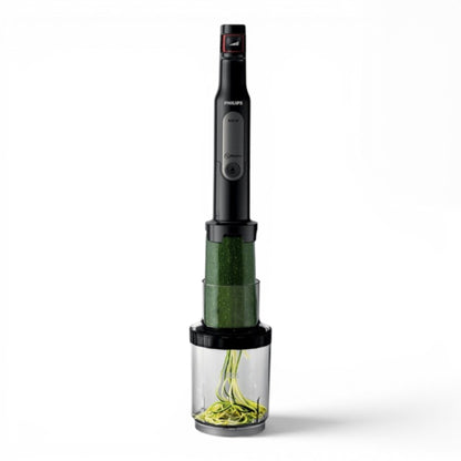 Taghareed Philips Viva Collection ProMix hand blender with spiralizer attachment making zucchini noodles.