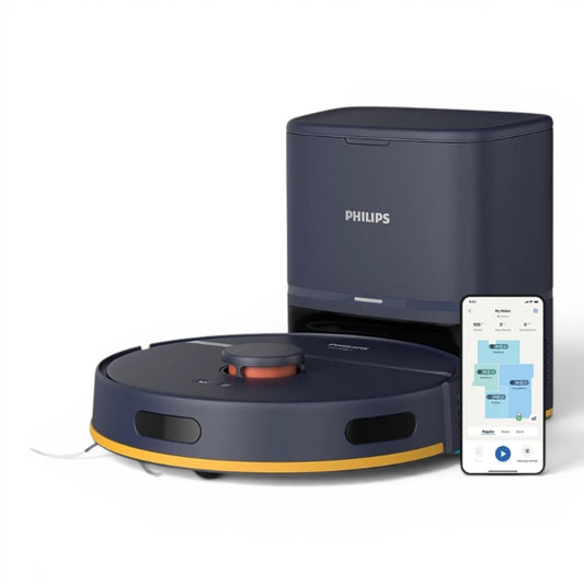 Taghareed Philips 2000 Series robot vacuum cleaner in dark blue with yellow accents, featuring LDS laser navigation and auto-empty station.