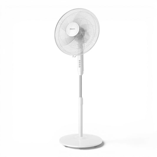 Taghareed white Philips Series 600 pedestal fan with 3 speeds, oscillation, and adjustable height for powerful cooling.