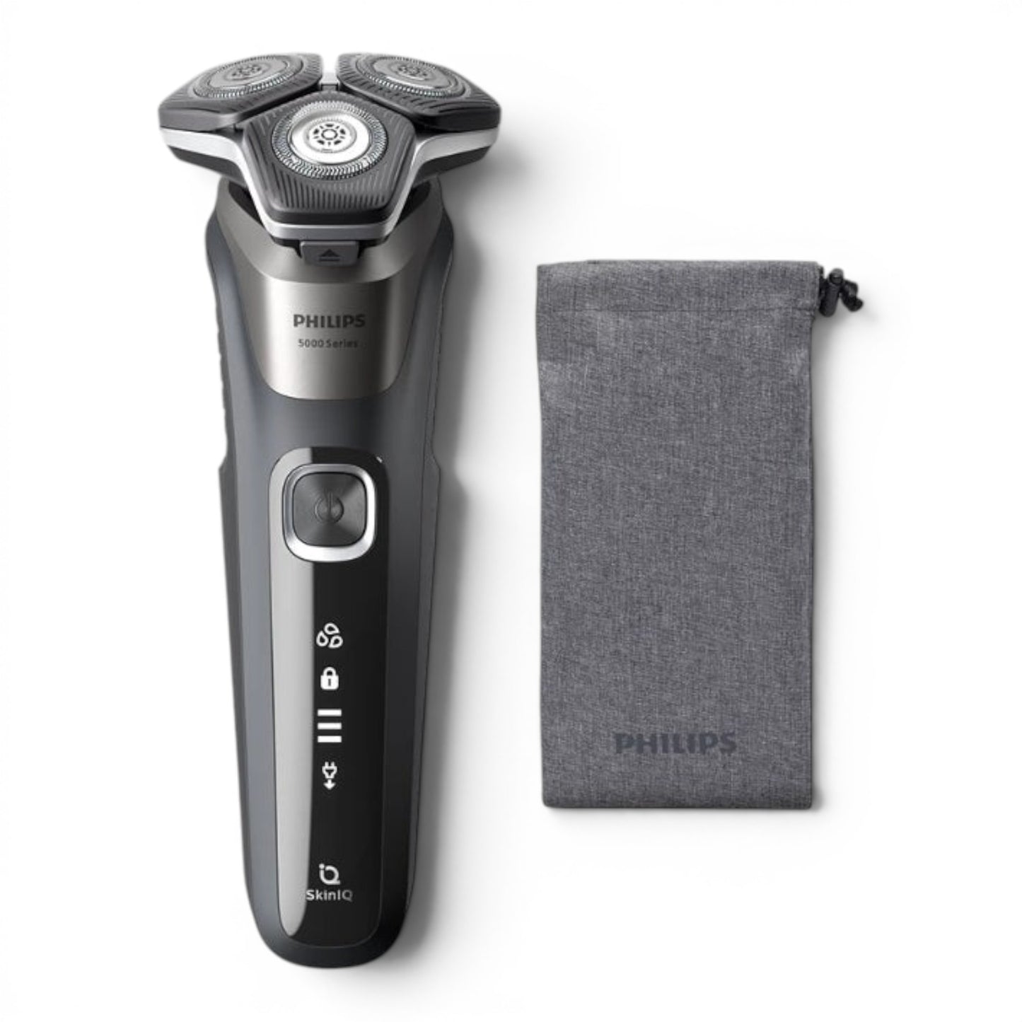 Taghareed Philips Shaver Series 5000 S5887/10, a grey electric shaver with three rotating heads and a SkinIQ sensor, includes a grey travel pouch.