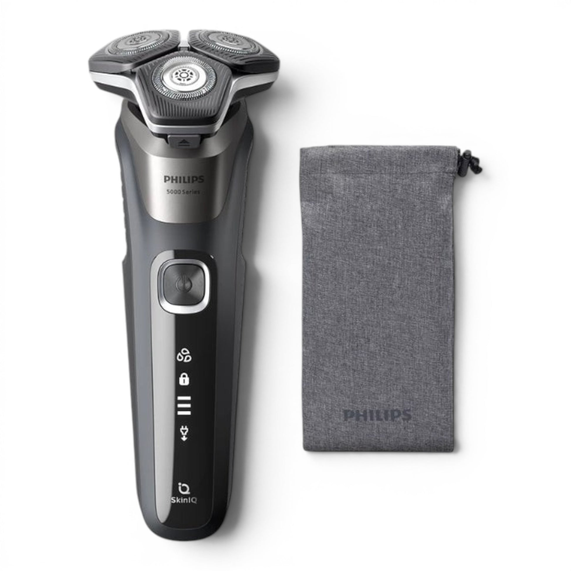 Taghareed Philips Shaver Series 5000 S5887/10, a grey electric shaver with three rotating heads and a SkinIQ sensor, includes a grey travel pouch.