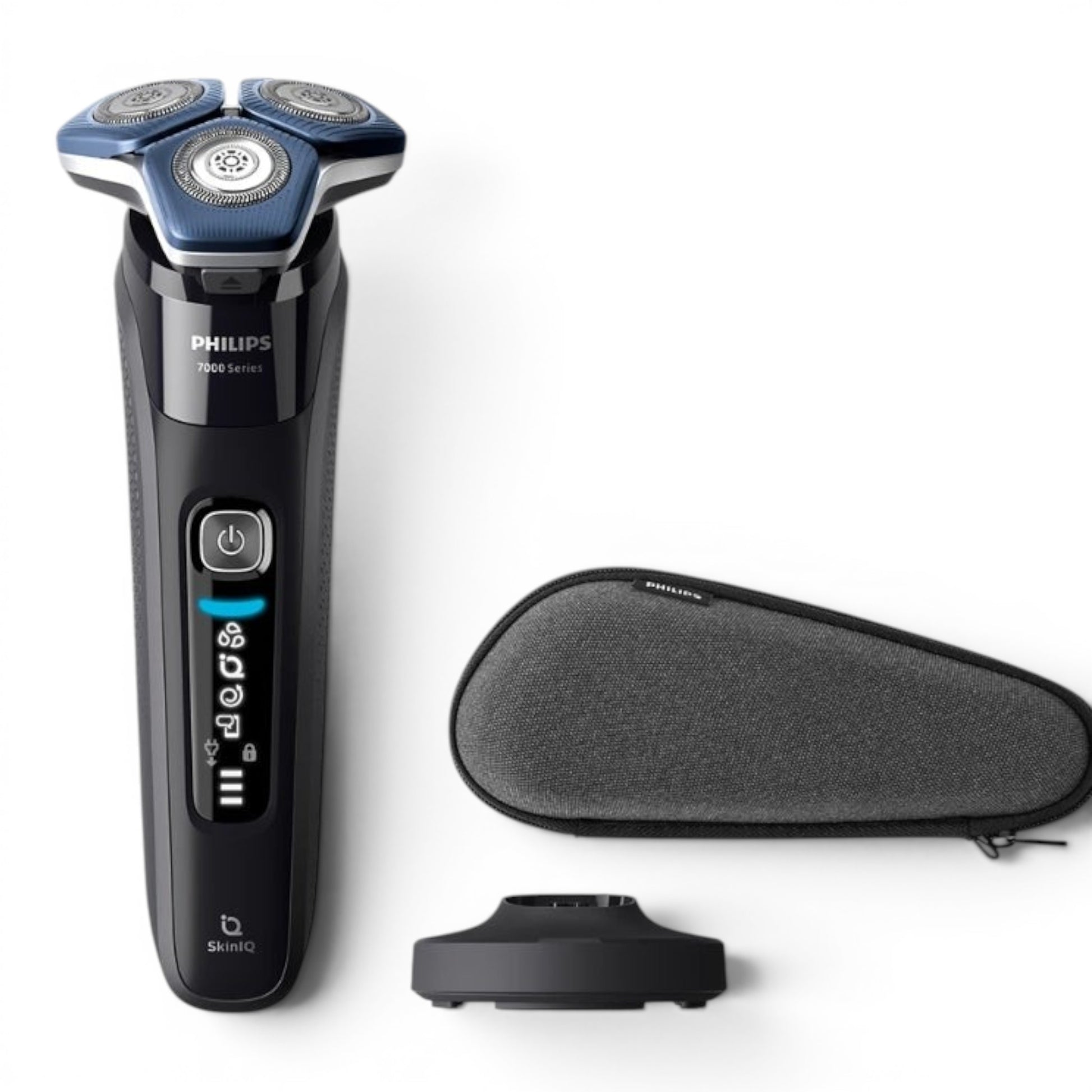 Taghareed Philips Shaver Series 7000 S7886/35, black electric shaver with blue accents, 360° flex heads, and SkinIQ technology. Includes travel case and charging stand.