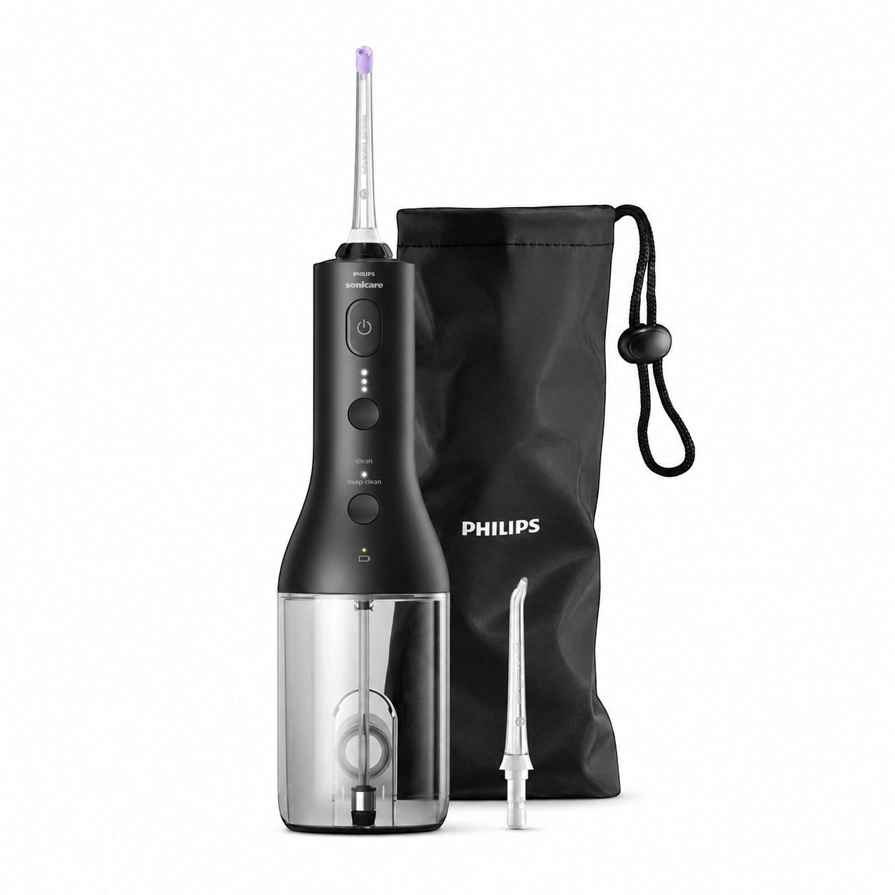 Taghareed Philips Sonicare Cordless Power Flosser 3000 HX3826/33, black oral irrigator with 3 modes and travel bag.