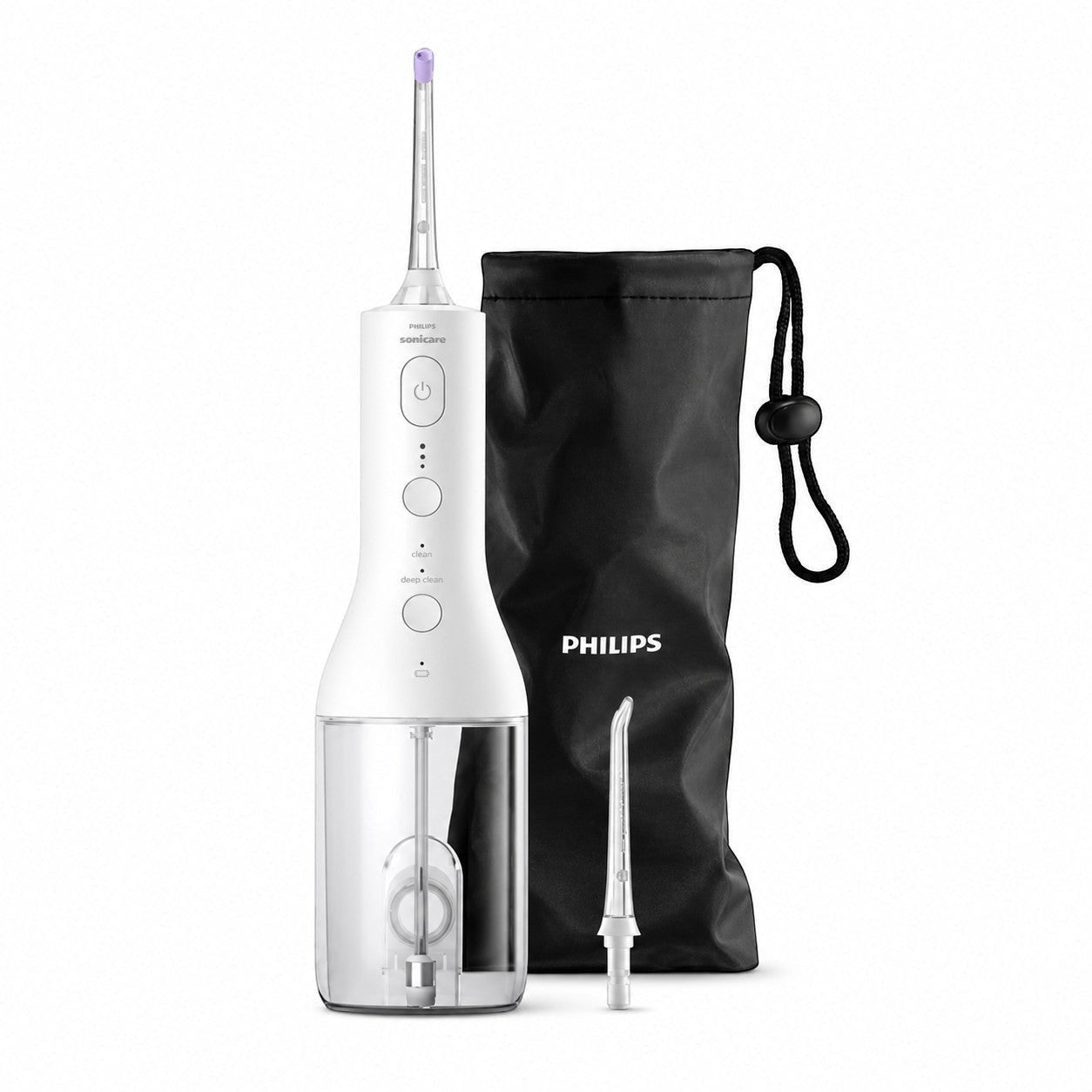 Taghareed Philips Sonicare Cordless Power Flosser 3000 HX3826/33 white oral irrigator with 3 modes and black travel pouch.