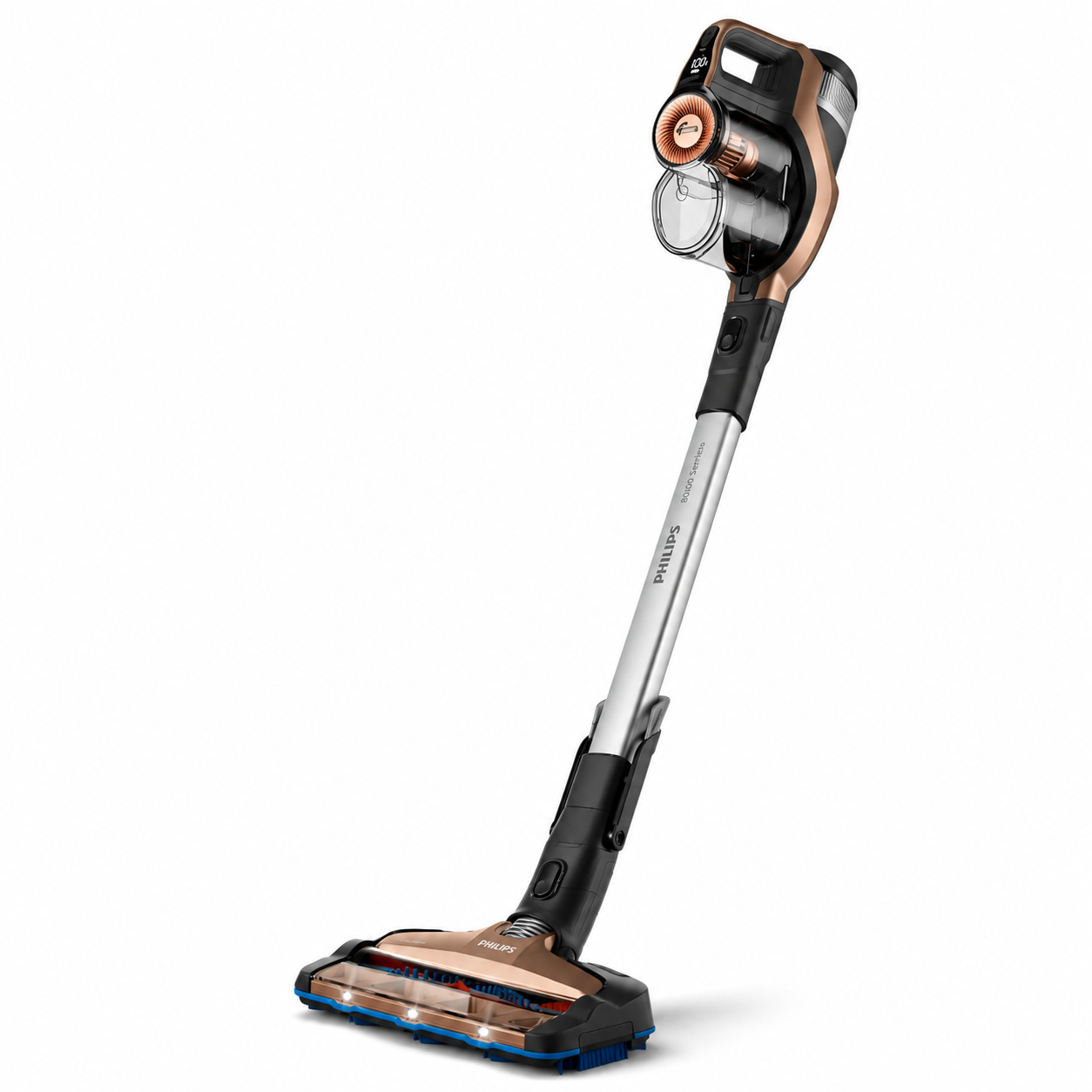Taghareed Philips SpeedPro Max stick vacuum cleaner in bronze and silver with LED lights on the brush head.