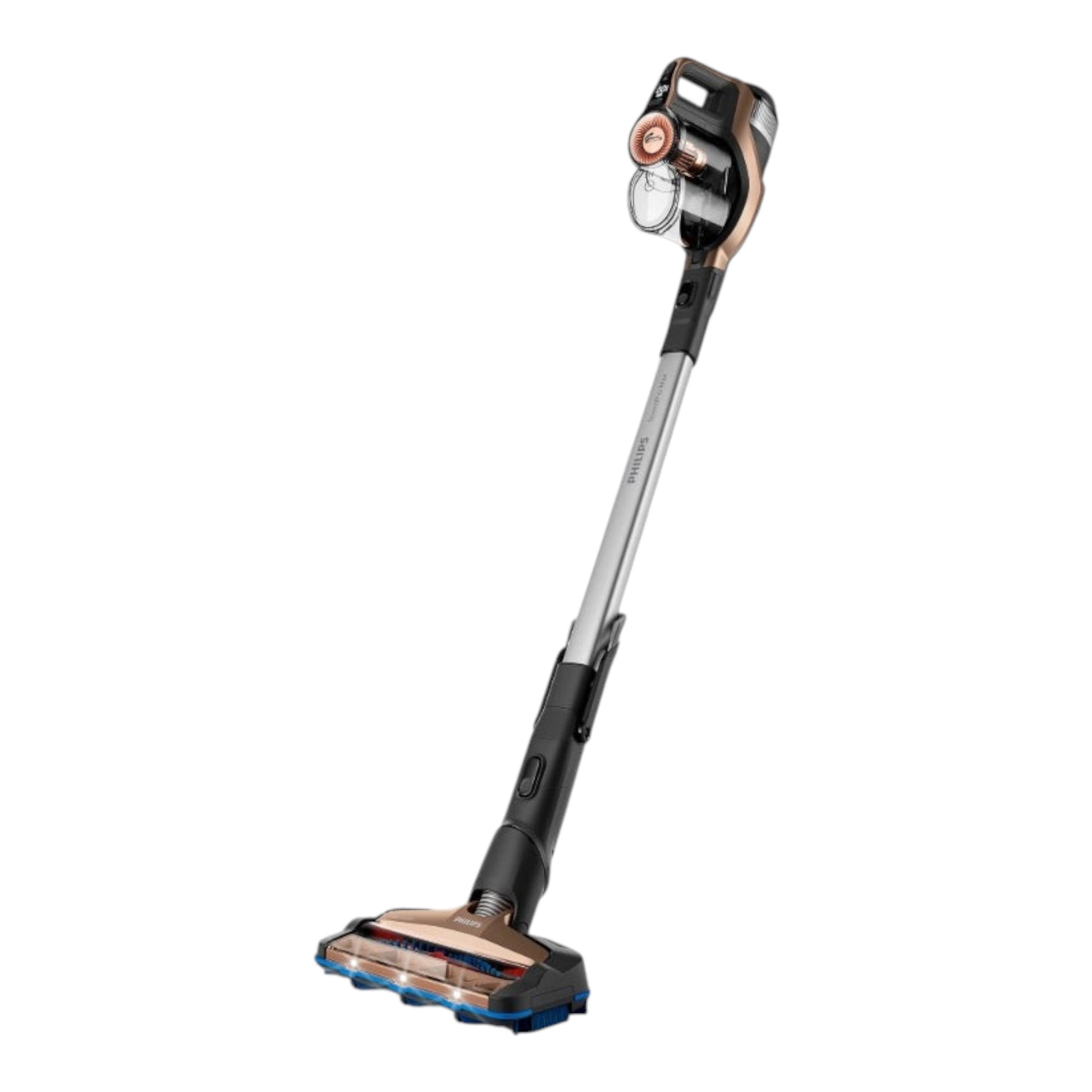 Taghareed Philips SpeedPro Max stick vacuum cleaner in bronze and silver with LED lights on the brush head.