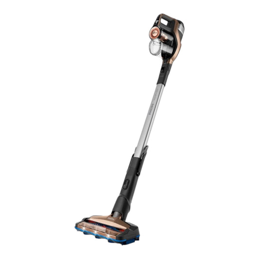 Taghareed Philips SpeedPro Max stick vacuum cleaner in bronze and silver with LED lights on the brush head.