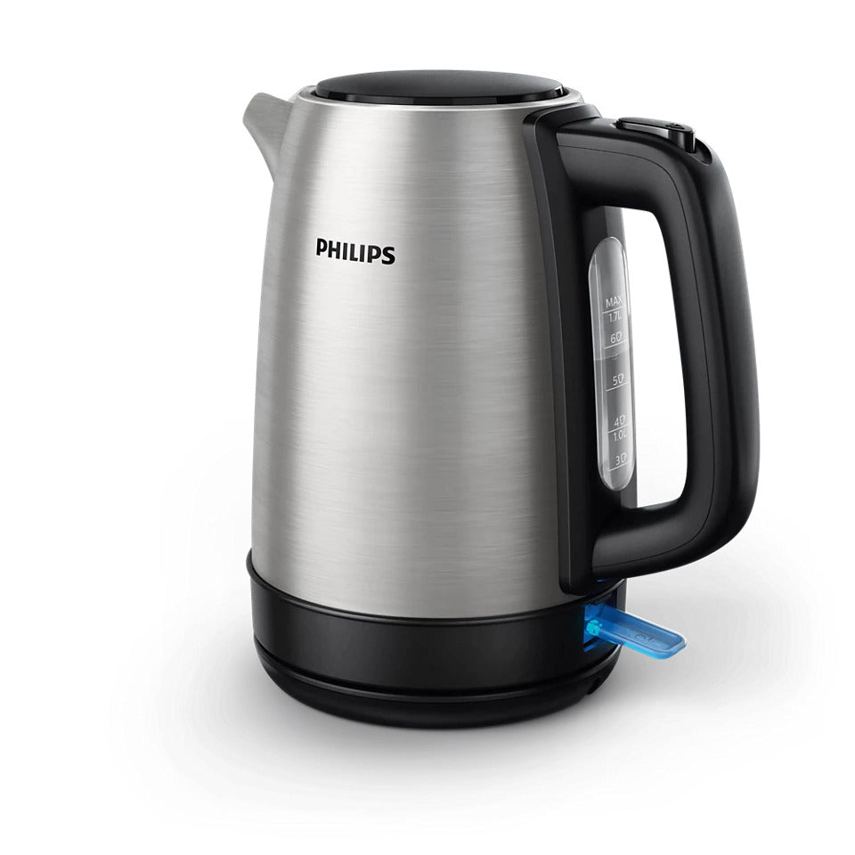 Taghareed Philips stainless steel electric kettle with black handle and water level indicator, 1.7L capacity, 2200W power.