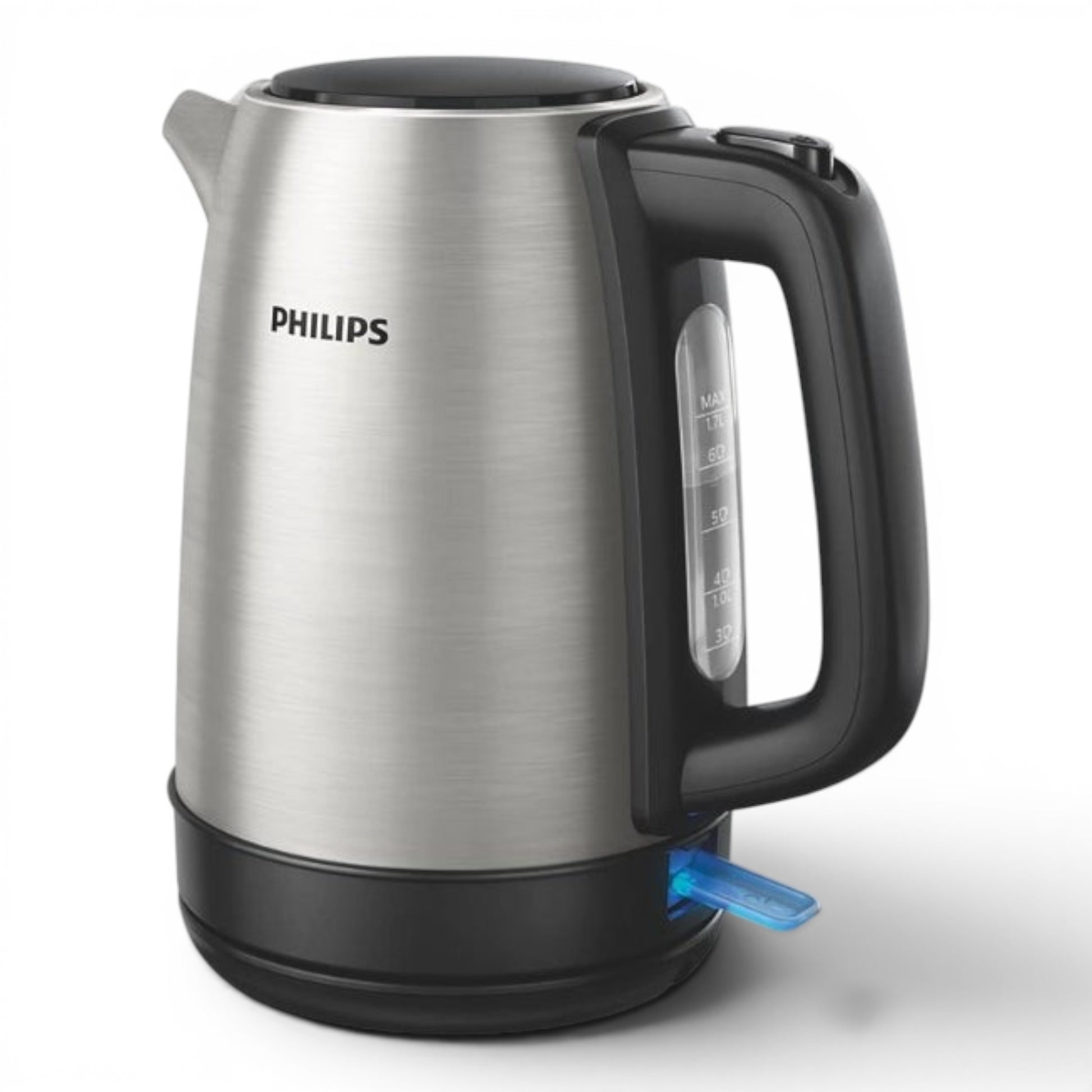 Taghareed Philips stainless steel electric kettle with black handle and water level indicator, 1.7L capacity, 2200W power.