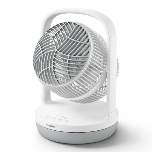 Taghareed Philips Table Fan 2000 Series CX2050/00, white and grey, 3 speeds, 2 modes, 12-hour timer, 180° adjustable head, quiet operation.