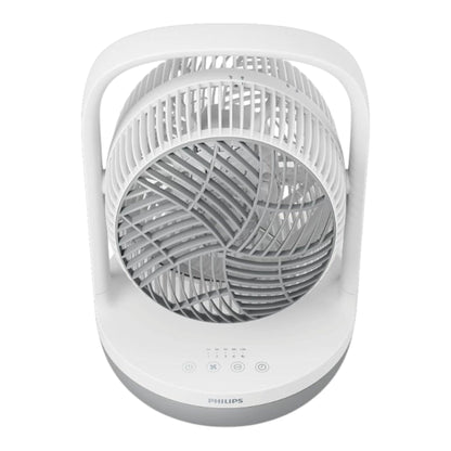 Taghareed Philips Table Fan 2000 Series CX2050/00, white and grey, with 3 speeds and 2 modes, quiet operation, 12-hour timer.
