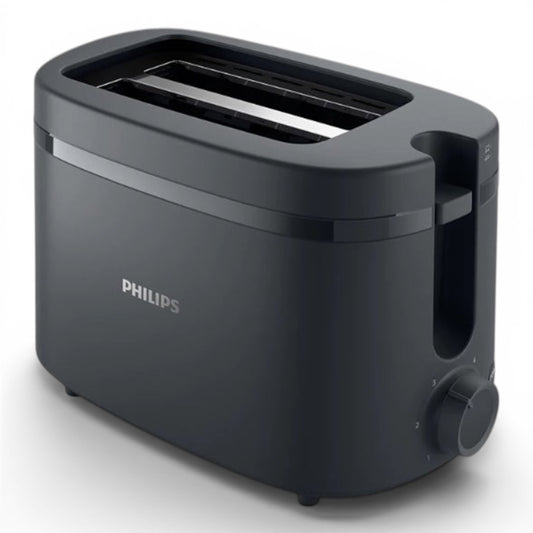 Taghareed Philips Essentials Collection 1000 Series 2-slice toaster in dark gray with 6 browning settings and auto shut-off.