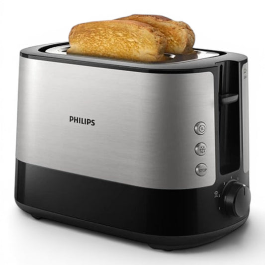 Taghareed Philips Viva Collection 2-slice toaster in brushed stainless steel and black, with 7 browning settings and bun rack.