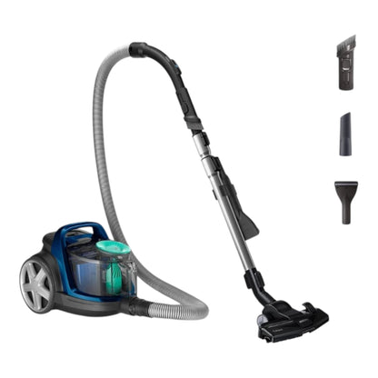 Taghareed Philips 5000 Series bagless vacuum cleaner in blue and black, with TriActive nozzle and 3 accessories.