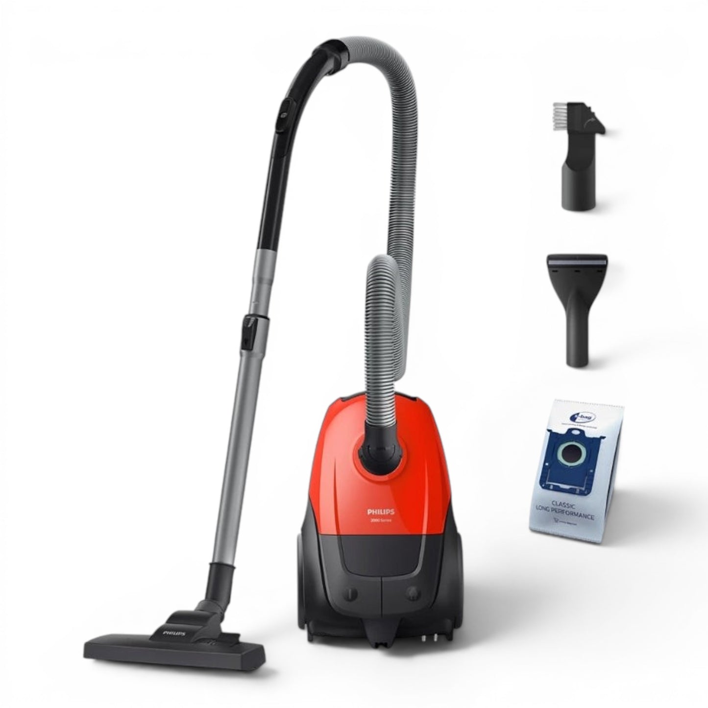 Taghareed Philips 2000 Series bagged vacuum cleaner in red and black with HEPA filter and multi-purpose nozzle.