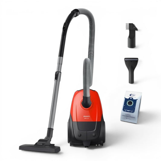Taghareed Philips 2000 Series bagged vacuum cleaner in red and black with HEPA filter and multi-purpose nozzle.