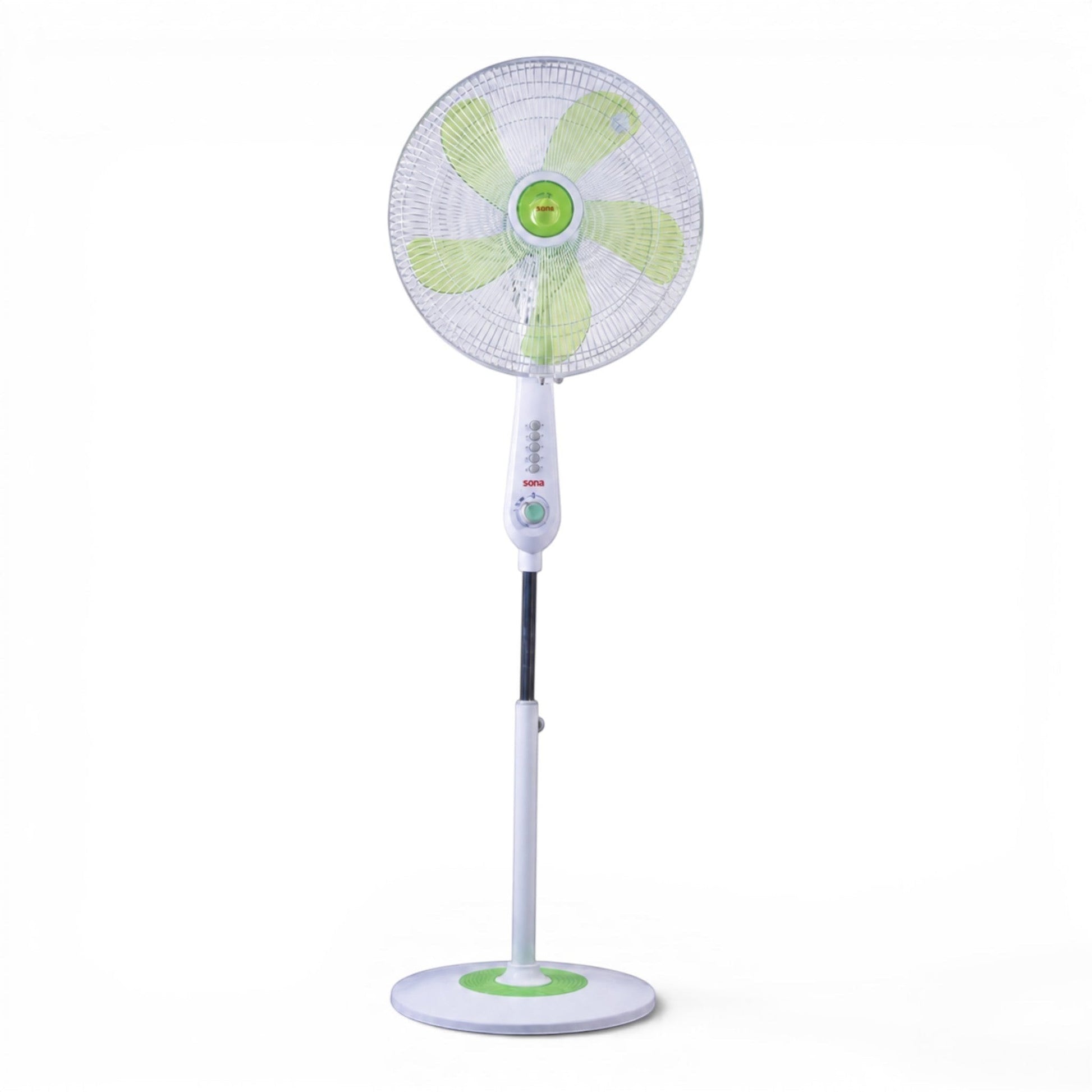 Taghareed Sona 16" stand fan with green blades and push button controls, white and black plastic construction.