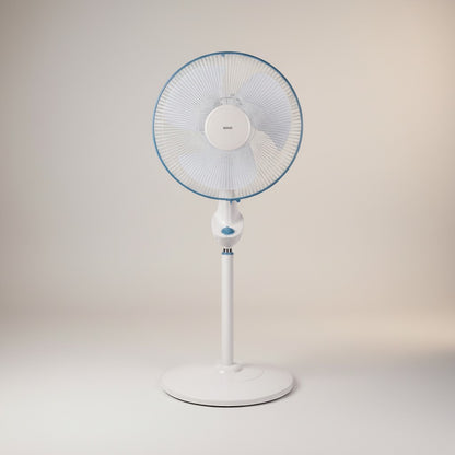 Taghareed Sona 16" white stand fan with blue trim, adjustable height, and oscillating function for home or office cooling.