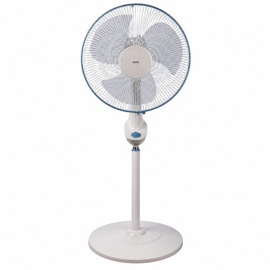 Taghareed Sona 16" white and blue stand fan with adjustable height and oscillating head for powerful cooling.