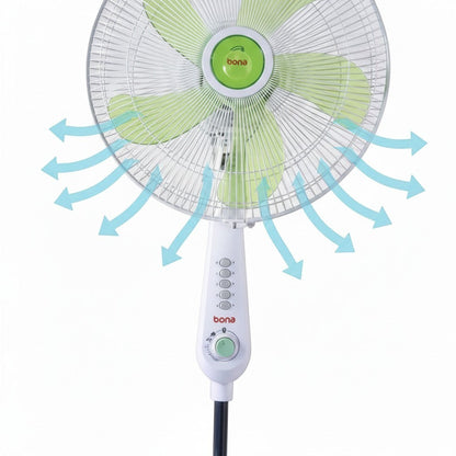 Taghareed Sona 16" white stand fan with green blades and push button controls for home or office use.
