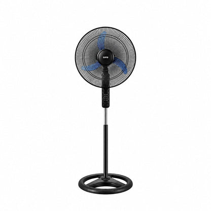 Taghareed Sona 18" black stand fan with blue blades and a circular base, ideal for daily cooling.