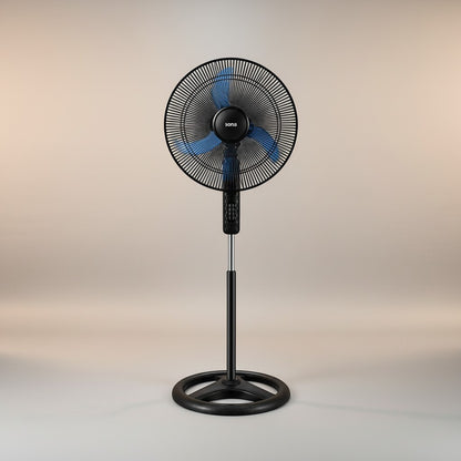 Taghareed Sona 18" black stand fan with blue blades and a circular base, ideal for daily cooling.