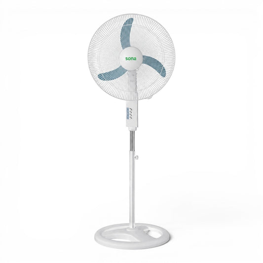 Taghareed Sona 18" white stand fan with blue blades and stable base, ideal for everyday cooling.