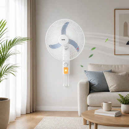 Taghareed Sona WF-550 white wall fan with blue blades and pull cord control, mounted on a wall above a sofa.