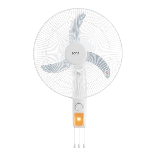 Taghareed Sona WF-550 white wall fan with 3 grey blades and pull cord control for speed adjustment.