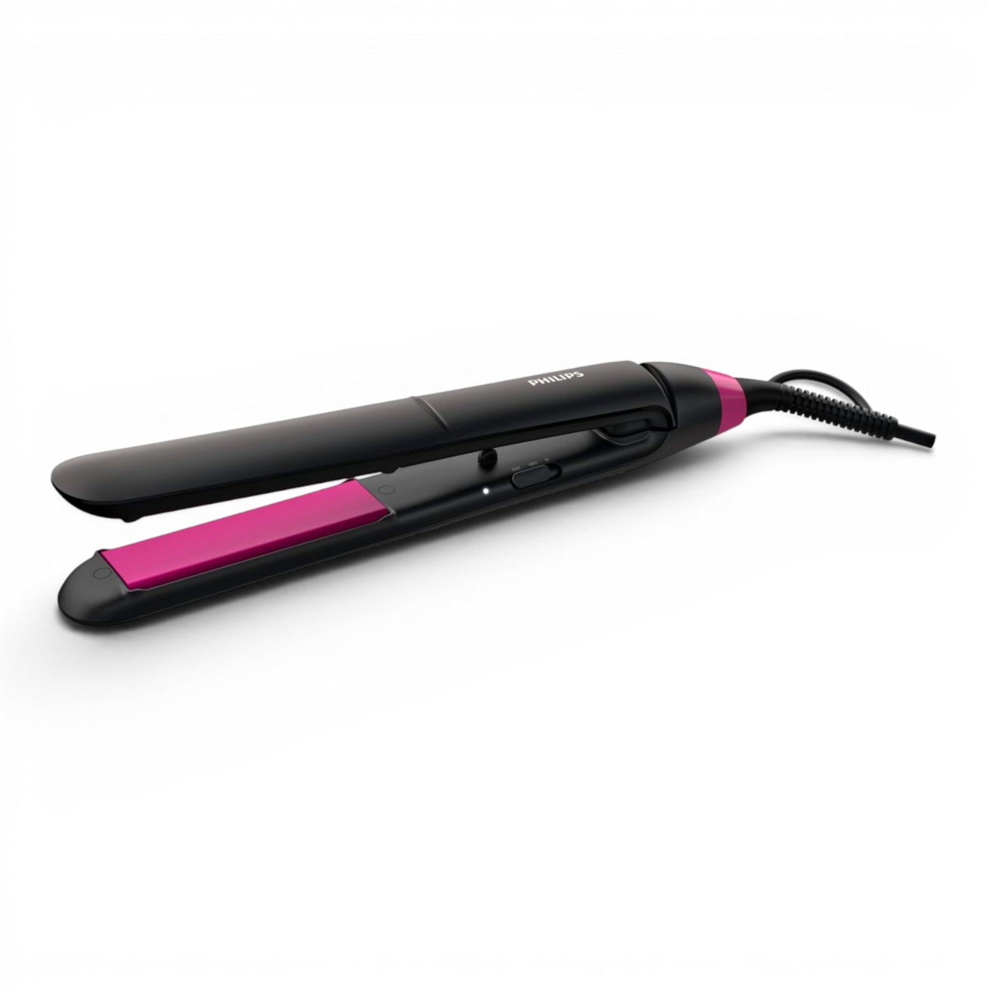 Taghareed StraightCare Essential ThermoProtect hair straightener with black body and pink ceramic plates.