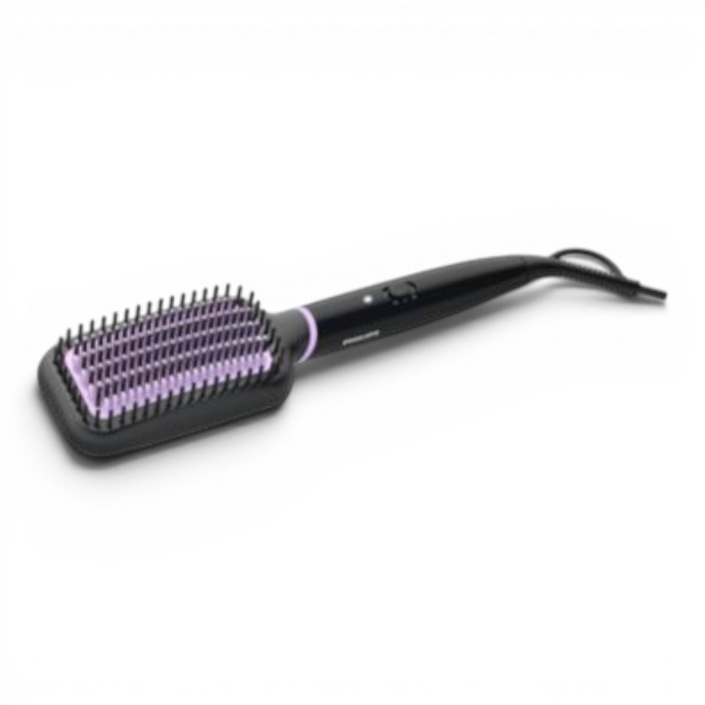 Taghareed StyleCare Essential Heated Straightening Brush with paddle head and purple bristles.