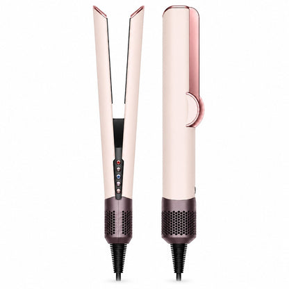 Taghreed Ceramic Pink/Rose Gold Dyson Airstrait hair straightener with air-only technology, 3 heat/speed settings, LCD screen.