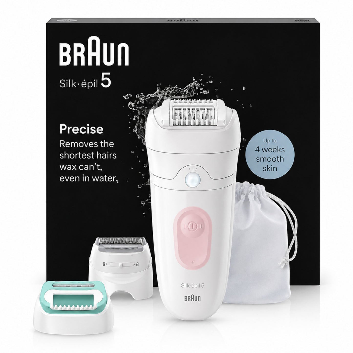 Braun Silk-épil 5 SE5-050 epilator, white with pink accents, features 28 tweezers, wet & dry use, massage system, and Smartlight. Includes attachments and storage pouch.