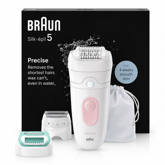 Braun Silk-épil 5 SE5-050 epilator, white with pink accents, features 28 tweezers, wet & dry use, massage system, and Smartlight. Includes attachments and storage pouch.